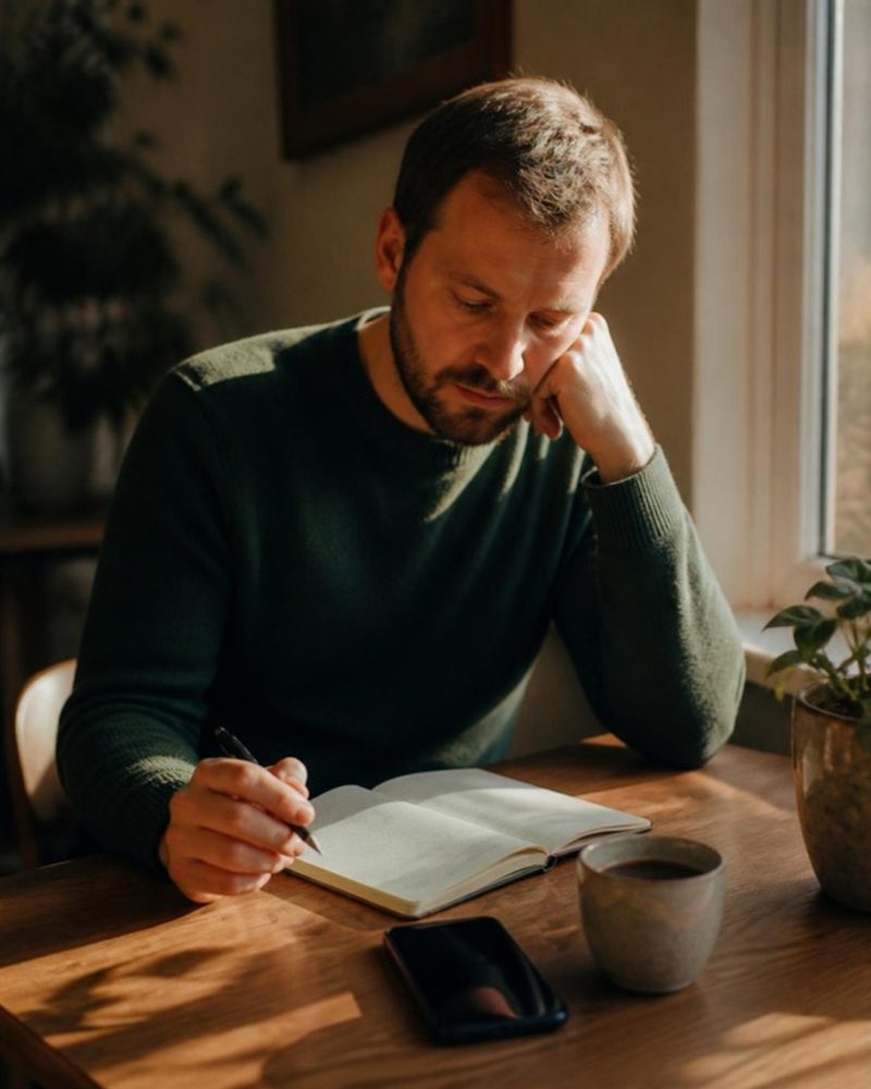 A man writing in a notebook at a sunny desk