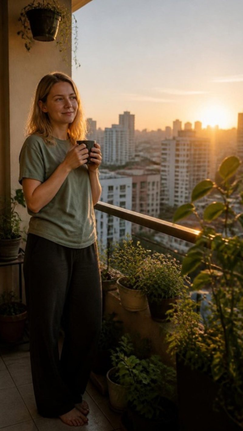 A woman smiling on a sunny balcony at sunrise, holding a mug of tea
