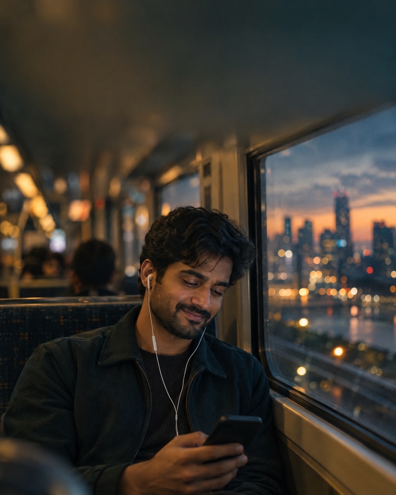 A man on a train at dusk, looking out of the window