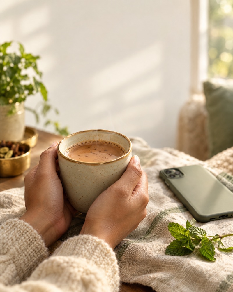 Hands holding a warm cup of chai