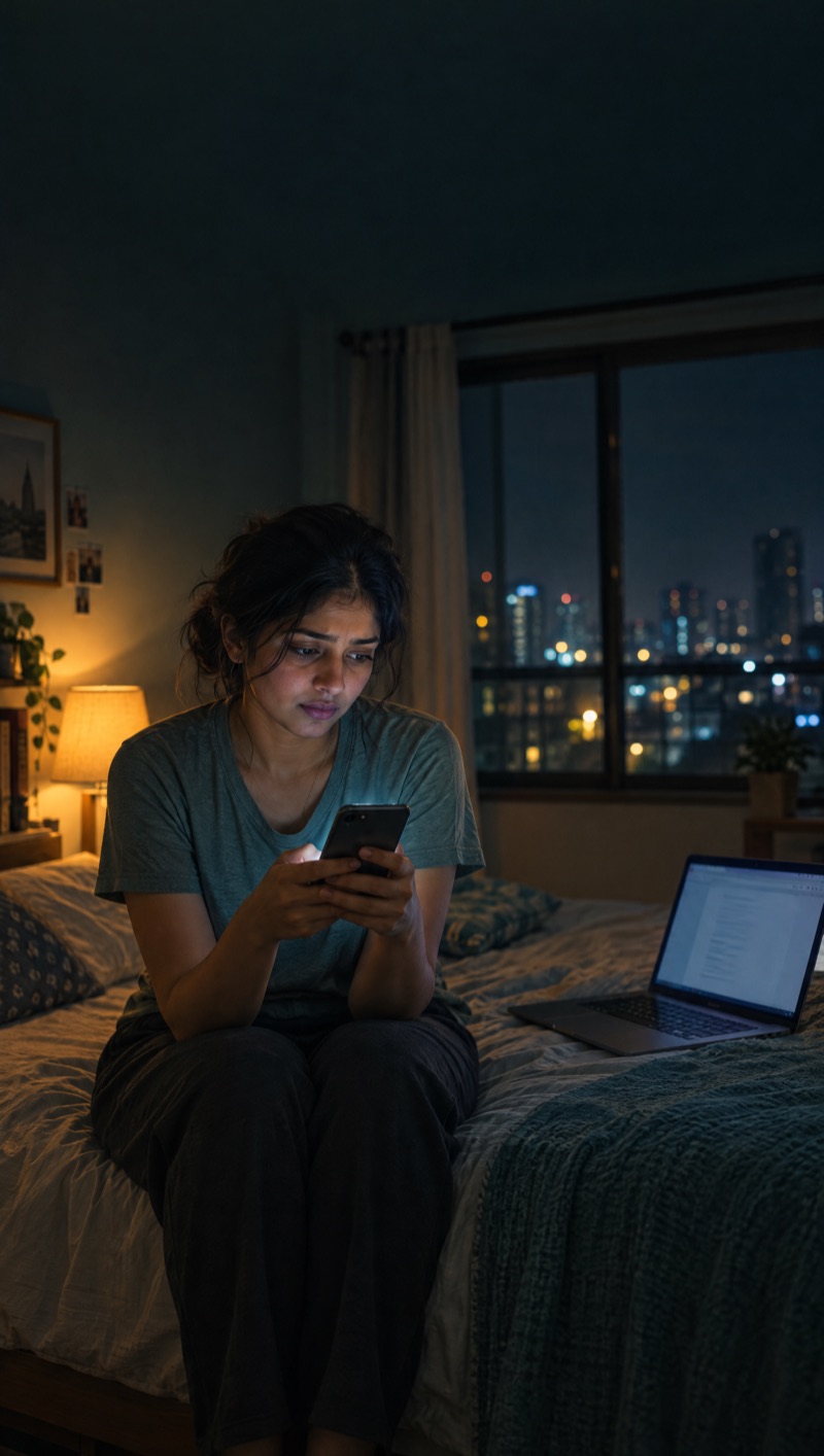 A woman sitting on her bed late at night, lit by her phone, looking thoughtful
