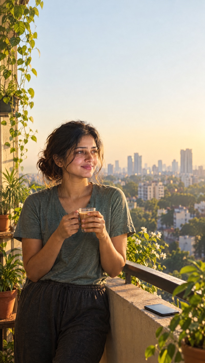 A woman smiling on a sunny balcony at sunrise, holding a cup of chai